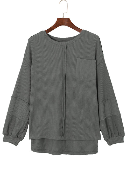 Exposed Seam Patchwork Bubble Sleeve Waffle Knit Top